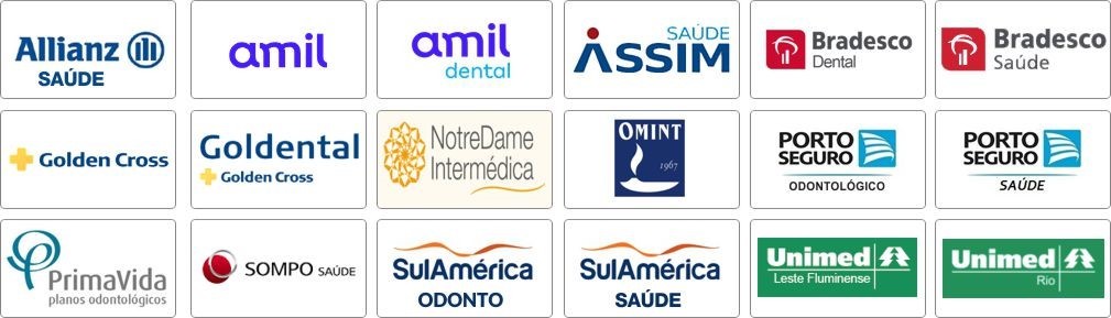 ALLIANZ SAÚDE,AMIL, ASSIM, BRADESCO SAÚDE, INTERMEDICA,NOTREDAME,GOLDEN CROSS, OMINT, PORTO SEGURO, PRIMAVIDA, SOMPO SAÚDE, SUL AMÉRICA SAÚDE, UNIMED LESTE FLUMINENSE, UNIMED RIO, UNIMED SEGUROS